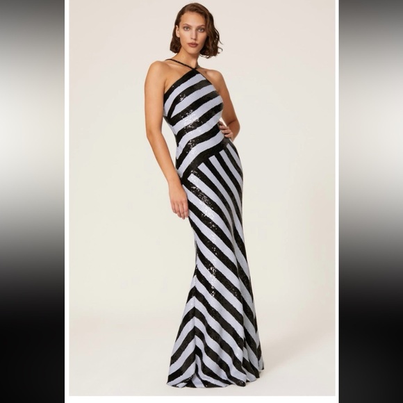 Lauren Ralph Lauren Sequin Striped Halter Neck Gown in Black/ White Size 8 - Picture 2 of 16